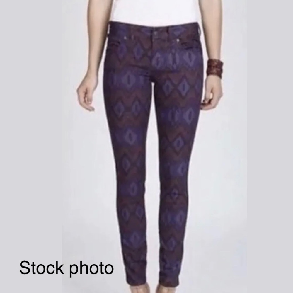 BNWOT FREE PEOPLE PURPLE TRIBAL AZTEC PRINT SKINNY DENIM JEANS
